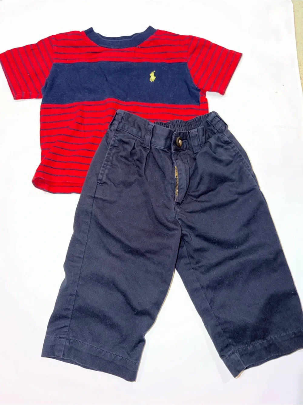Ralph Lauren Polo Baby Boy Outfit 6-12M Shirt + Pants Navy Red Stripe Pony 2pc